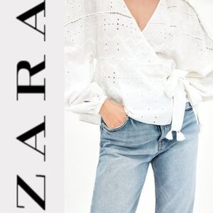 ZARA white eyelet CROSSOVER wrap TOP WITH CUTWORK EMBROIDERY trf small boho chic